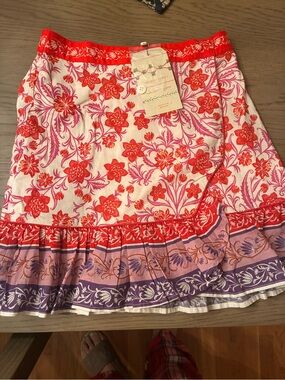 FARM Rio Coral & Lavender Floral Tiered Wrap Mini Skirt